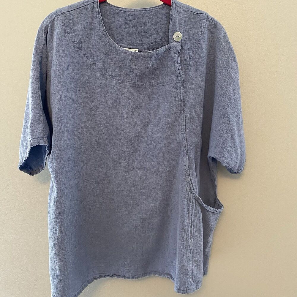 Oh My Gauze! Athena Blue Cotton Breezy Blouse Short Sleeve Button Pocket OSFM